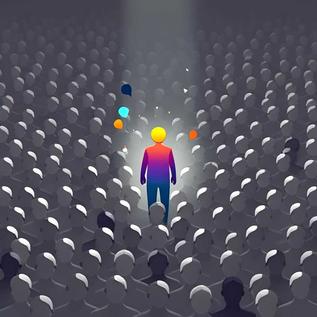 A striking digital illustration representing the concept of a brand standing out and resonating with its audience. The scene features a large crowd of faceless, monochrome human figures, all blending into the background. In the center, one individual stands out vividly, depicted in rich, vibrant colors with a unique shape, glowing aura, or a distinct design element, symbolizing a strong, memorable logo. The composition should emphasize contrast, with the standout figure appearing confident and dynamic, while the surrounding crowd remains muted and uniform. Abstract shapes, gradients, or subtle design elements float around the standout figure, hinting at the creative process of logo design. The overall art style should be modern and visually engaging, with a mix of flat vector, minimalism, and a hint of surrealism to convey creativity and impact effectively. Soft lighting and depth should be incorporated to add a sense of focus and importance to the standout figure. The color palette should include a mix of neutral grayscale for the background and bold, eye-catching tones for the standout figure. The image should evoke emotions of uniqueness, connection, and branding success.