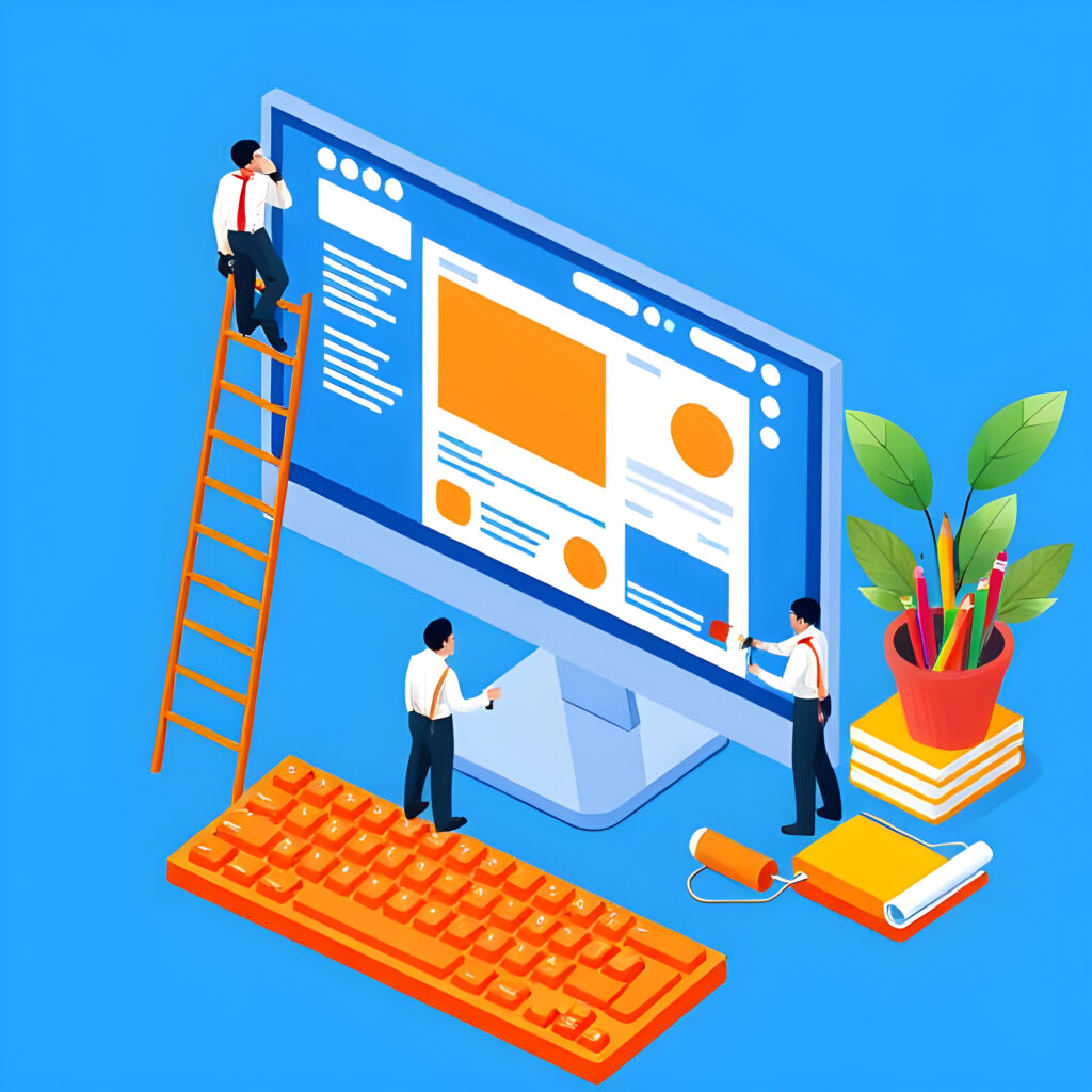 An isometric vector illustration of a website redesign concept. The image features a large computer screen displaying a website layout with structured sections, including a sidebar, text boxes, and image placeholders. Small human figures in business attire are actively engaged in the website redesign process, using ladders, ropes, and tools. One figure is standing on a ladder painting part of the screen, another is hanging from a rope adjusting an interface element, and a third is on the ground using a roller brush to modify a section of the website. Additional details include a large keyboard at the bottom, a pencil holder filled with colorful pencils, stacked file folders, and a potted plant in the background. The color scheme is vibrant with dominant shades of blue, orange, red, and white, creating a professional yet dynamic aesthetic. The background is a solid bright blue, making the elements pop. The overall style is isometric, modern, and clean, with sharp edges and clear details emphasizing a structured digital workspace environment.