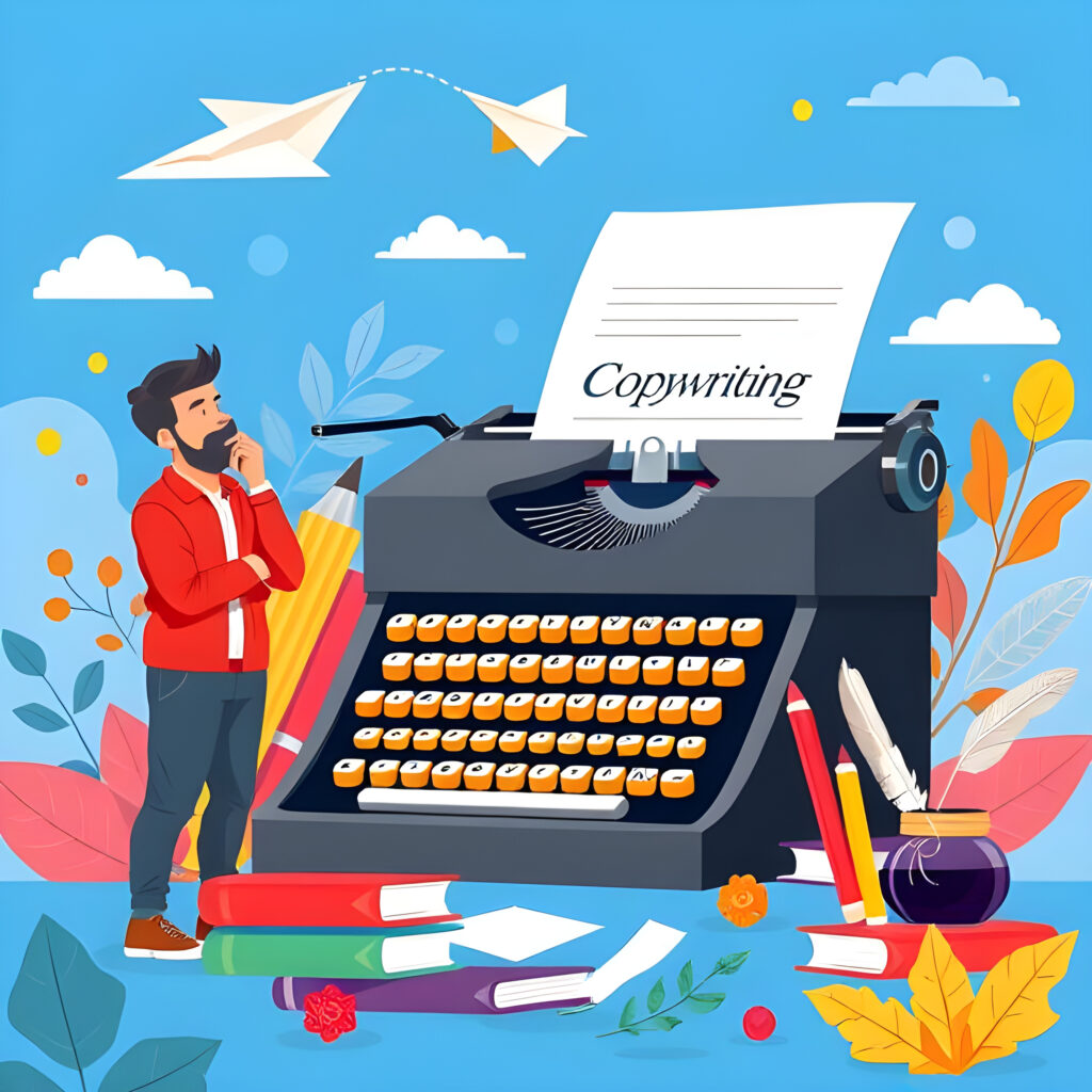 A modern, flat-style vector illustration depicting the concept of brand copywriting and its impact on customer perception. The central focus is a large vintage typewriter, symbolizing the art of writing. A sheet of paper emerges from the typewriter with written content on it, representing brand messaging. Surrounding the typewriter are various symbolic elements of copywriting: oversized pencils and pens in bright colors, books stacked underneath, a feather quill in an ink bottle, and floating sheets of paper to signify creativity in motion. To the left of the typewriter, a thoughtful man in casual attire stands with a hand on his chin, contemplating his words. Above him, floating speech bubbles represent customer engagement and feedback. A small paper airplane flies across the scene, symbolizing the delivery and reach of compelling brand messaging. The background is a vibrant blue gradient with abstract shapes, clouds, and foliage, creating a fresh, modern, and creative atmosphere. The color palette includes bright and engaging tones, such as red, yellow, green, and purple, contrasting against the deep blue backdrop. The illustration follows a clean, stylized, and professional vector art style, reinforcing the importance of strategic brand messaging in shaping customer perception.
