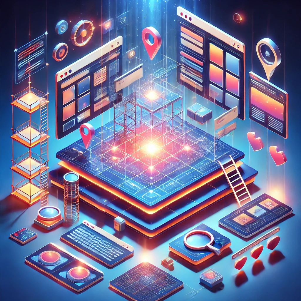 A futuristic, isometric vector illustration depicting the concept of website development and optimization. The central element is a large, floating digital interface resembling a website layout, complete with structured sections, content blocks, navigation bars, and interactive elements. This digital workspace is surrounded by floating UI components that represent different aspects of web design, such as location markers for map integration, a magnifying glass for search functionality, and media elements like image thumbnails and text content. Small ladders and scaffolding structures connect the floating UI elements to the main website, symbolizing the ongoing process of design and optimization. The scene is illuminated by a vibrant, glowing light, with a deep blue gradient background creating a futuristic, tech-focused atmosphere. The color palette consists of warm tones like orange and pink contrasting against cool blues, creating a dynamic and visually engaging composition. The design follows a semi-transparent, holographic aesthetic, reinforcing the digital and high-tech theme of website development and UI/UX enhancement