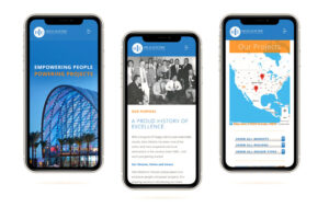 Three mobile phone screens displaying a construction company's responsive website, showcasing their mission, history of excellence, and a map of their nationwide project locations.
