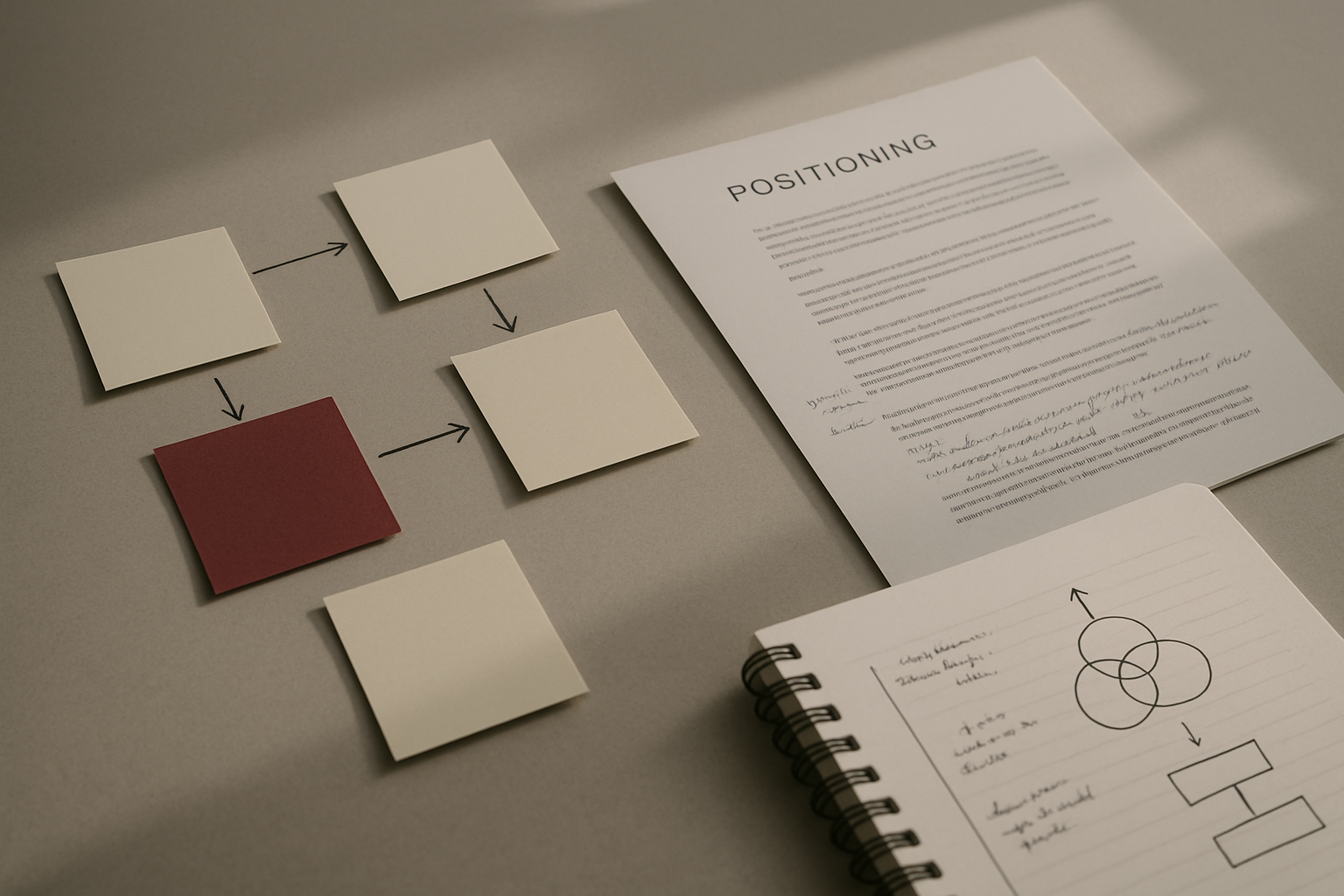 A desk with sticky notes mapping brand strategy paths, a printed positioning document with margin notes, and hand-drawn diagrams on a notepad.