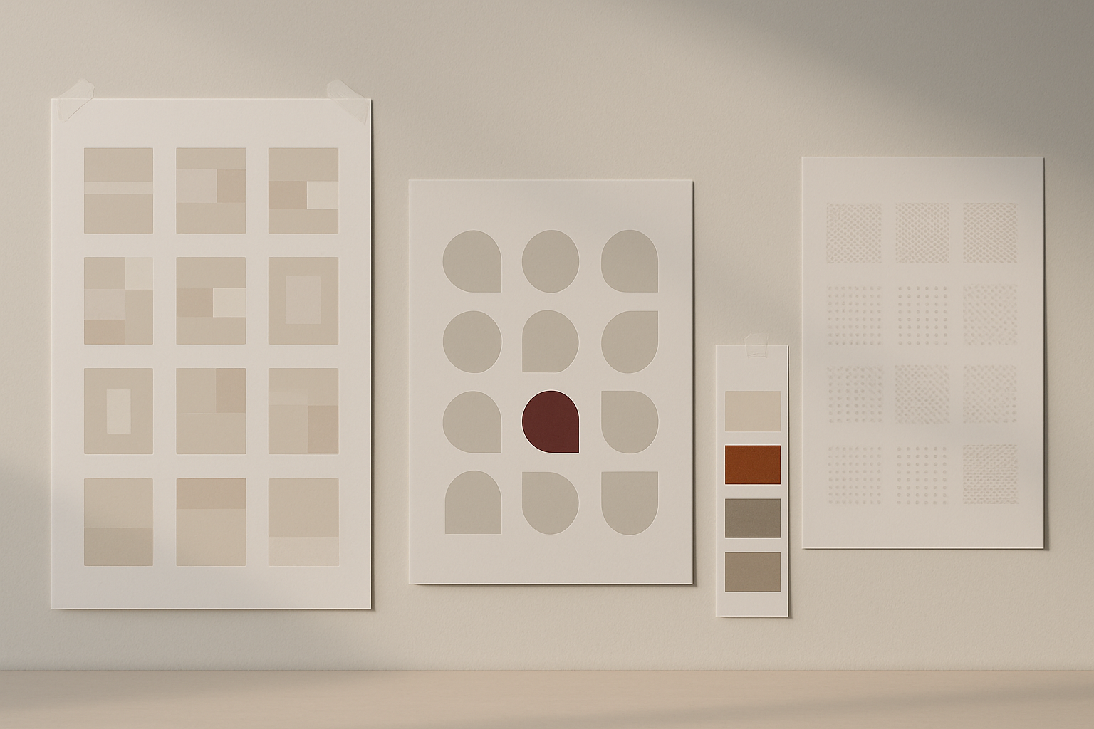 A clean office wall pinned with rows of design direction printouts, abstract shape studies, and color swatch cards arranged in clean grids.