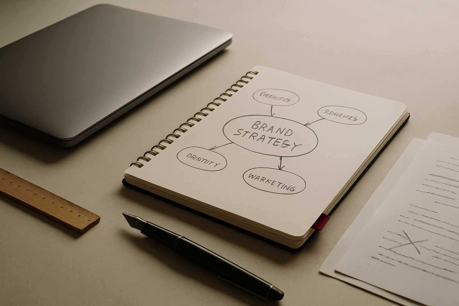 A closed laptop next to a hand-drawn brand strategy diagram in an open notebook, an analog ruler, a fountain pen, and annotated printouts.